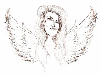 Angela Carter, English novelist and journalist; caricatured with wings in reference to her novel 'Nights at the Circus' Reproduction de Tableau