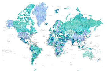 Kaart Aquamarine and blue watercolor detailed world map