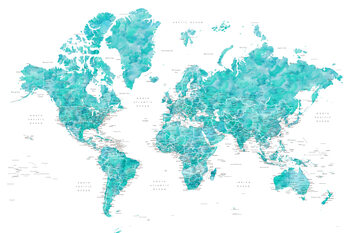 Karta Aquamarine watercolor world map with cities, Caribbean waters