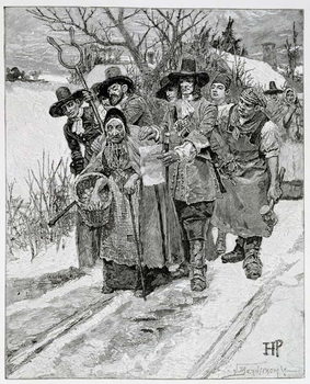 Reproducción de arte Arresting a Witch, engraved by J. Bernstrom, illustration from 'The Second Generation of Englishmen in America' by Thomas Wentworth Higginson, pub. in Harper's Magazine, 1883