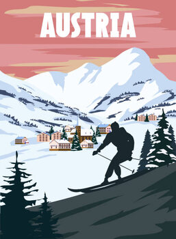 Ilustracija Austria Ski resort poster, retro. Alpes