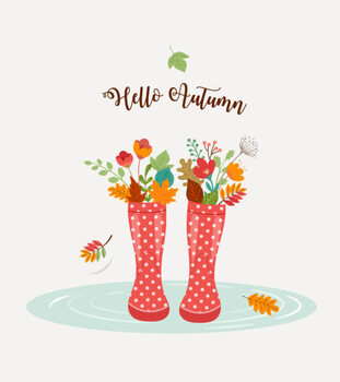 Ilustracija Autumn, fall season background, rain rubber boots with autumn leaves and flowers, scarf and umbrella