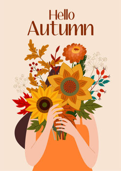 Ilustrare Autumn illustration with a cute girl and a bouquet of flowers. Vector flat design for card, poster, banner. Beautiful template.