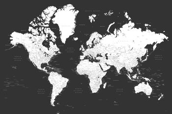 Kaart Black and white detailed world map with cities, Milo