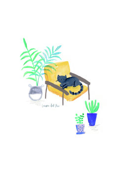 Ilustrácia Black cat on mustard scandi chair
