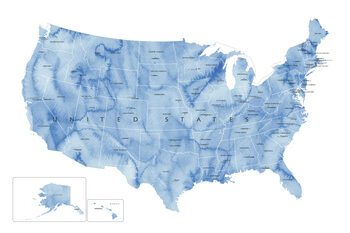 Harta Blue watercolor map of the US with state capitals