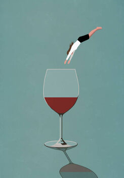 Illustrazione Businesswoman diving into large glass of wine