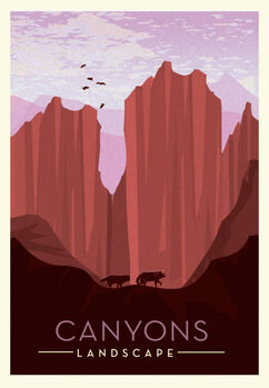 Ilustratie Canyon lands with cliff, wolves and