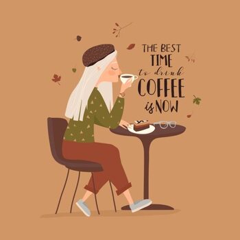 Ilustracija Cartoon beautiful girl drinking coffee at cafe