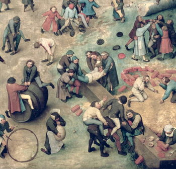 Reproducción de arte Children's Games (Kinderspiele): detail of bottom right-hand corner depicting children playing with bricks, hoops and a barrel, 1560 (oil on panel)