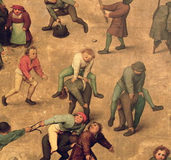 Children's Games (Kinderspiele): detail of children playing leap-frog, 1560 (oil on panel) Reproduction de Tableau