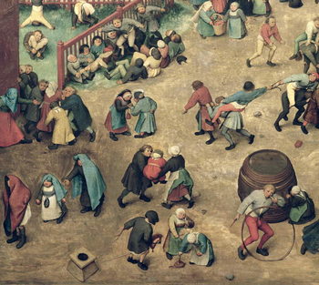 Reproducción de arte Children's Games (Kinderspiele): detail of left-hand section showing children bowling hoops, doing handstands, playing with a hobby-horse and other games, 1560 (oil on panel)
