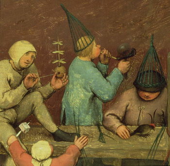 Reproducción de arte Children's Games (Kinderspiele): detail of left-hand section showing children making toys and blowing bubbles, 1560 (oil on panel)