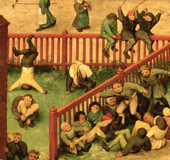 Reproducción de arte Children's Games (Kinderspiele): detail of left-hand section showing children running the gauntlet, doing gymnastics and balancing on a fence, 1560 (oil on panel)