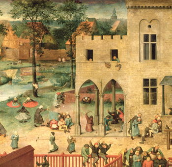Reproducción de arte Children's Games (Kinderspiele): detail of top left-hand corner showing children spinning tops and playing bowls, 1560 (oil on panel)