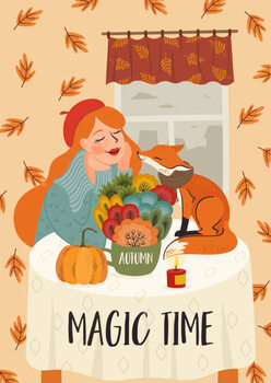 Illustration Cute girl with a fox. Autumn fairy tale illustration. Vector design for card, poster, flyer, web and other.