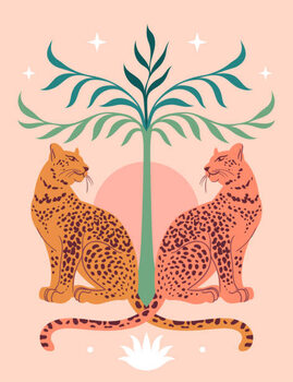 Ilustrácia Cute Leopards, Sun, palm tree. Modern