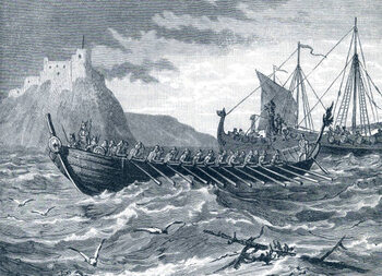 Konsttryck Danish Viking ships arriving in England