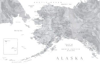 Karta Detailed map of Alaska in grayscale watercolor