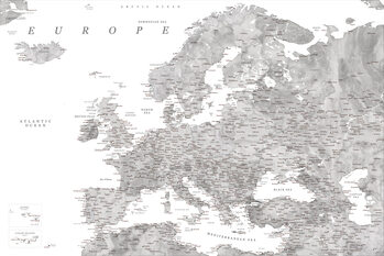 Zemljevid Detailed map of Europe in gray watercolor
