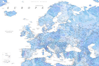 Karta Detailed map of Europe in shades of blue watercolor