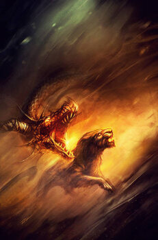 Umelecká tlač fantasy dragon and panther baring their teeth