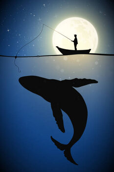 Umelecká tlač Fisherman in boat on moonlight night