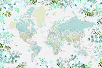 Map Floral bohemian world map with cities, Marie