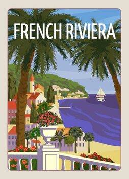Ilustrace French Riviera Nice coast poster vintage.