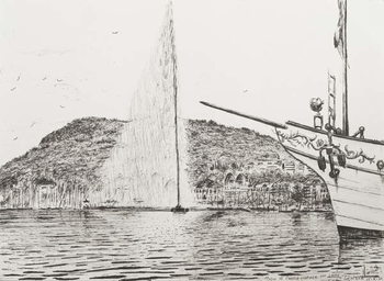 Festmény reprodukció Geneva fountain and bow of pleasure cruiser, 2011,