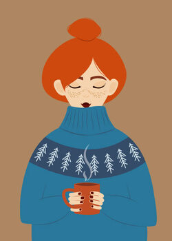 Illustration Girl in a warm sweater drinks a hot drink. Redhead girl with freckles in a huge cozy sweater holding a cup of hot chocolate.