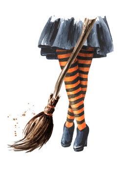 Ilustracija Halloween witch. Legs in striped stockings and Broom. Hand drawn watercolor illustration, isolated on white background