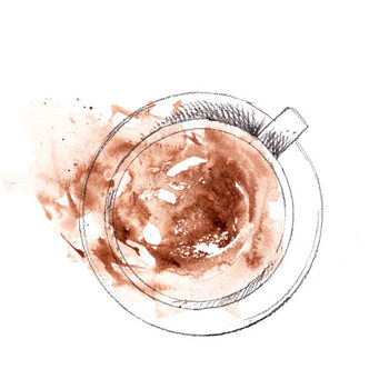 Illustrazione Hand drawn cup of cappuccino, top view. Pencil sketch with watercolor stain
