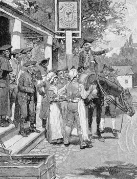 Reproducción de arte He Stops at the Sign of the Weathervane, illustration from 'Tilighman's Ride from Yorktown', pub. in Harper's Magazine, November 1881