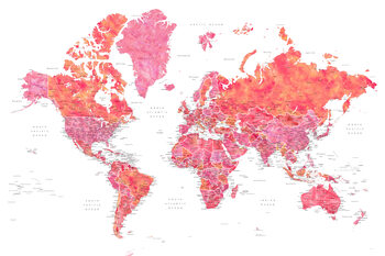 Karta Hot pink and coral detailed world map with cities, Tatiana