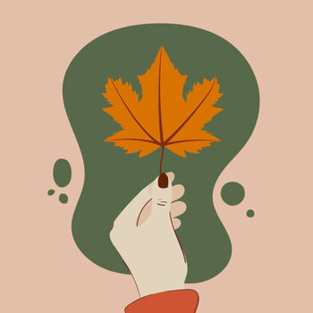 Ilustratie Human hand holding a maple leaf. Autumn vibes. Vector illustration, flat design