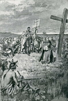 Reproducción de arte Jacques Cartier (1491-1557) Setting up a Cross at Gaspe, illustration from 'The French Voyageurs' by Thomas Wentworth Higginson, pub. in Harper's Magazine, 1883