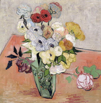 Kunsttryk Japanese Vase with Roses and Anemones, 1890