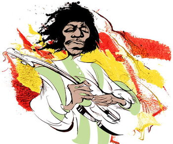 Konsttryck Jimi Hendrix, American guitarist , colour caricature