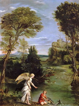Reproducción de arte Landscape with Tobias laying hold of the Fish, c.1615