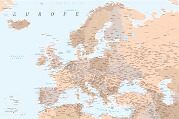 Mapa Light brown and blue detailed map of Europe