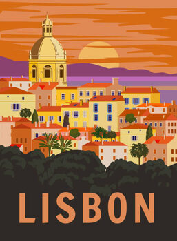 Ilustrace Lisbon VintageTravel Poster. Portugal cityscape landmark,