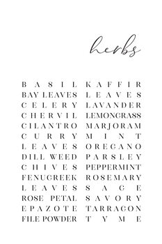 Lámina List of herbs typography art