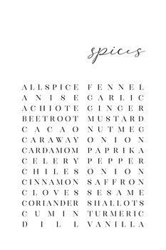 Lámina List of spices typography art