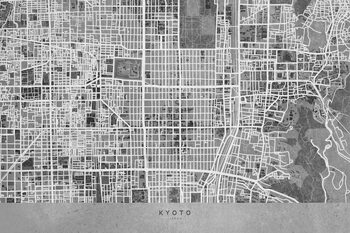 Mapa Map of Kyoto, Japan, in gray vintage style