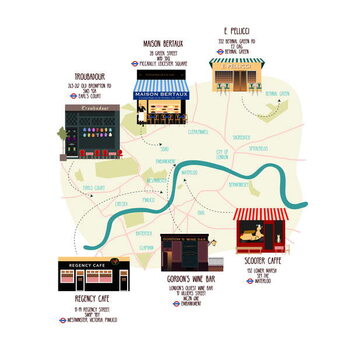 Reprodukcija umjetnosti Map of Unique London Eateries and Bars