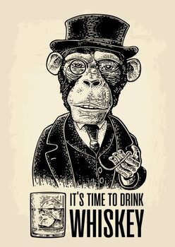 Stampa d'arte Monkey gentleman holding a watch and