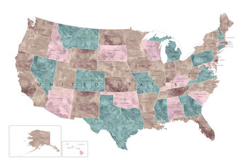 Karta Muted watercolor map of the US with state capitals