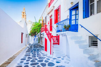 Kunstfoto Mykonos, Greece - Cobblestone alley whitewashed