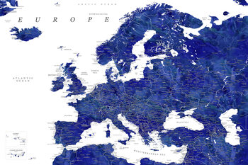 Karta Navy blue detailed map of Europe in watercolor